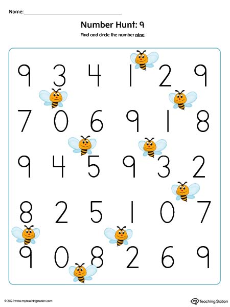 Number nine hunt printable worksheet for kids. Featuring number nine recognition worksheet. Available in color.