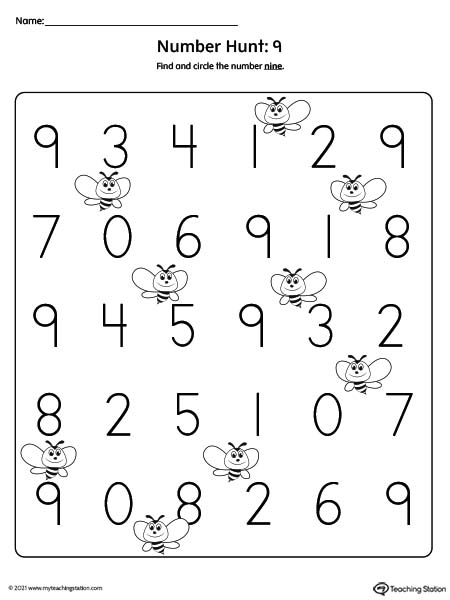 Number nine hunt printable worksheet for kids. Featuring number nine recognition worksheet.