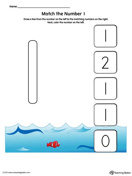 Practice number recognition by drawing a line to the matching numbers in this printable worksheet. Featuring number one. Available in color.