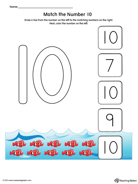 Match the Number Printable Worksheet: 10 (Color)