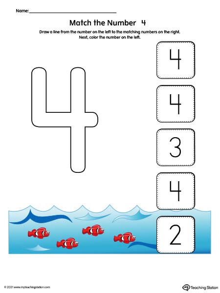 Match the Number Printable Worksheet: 4 (Color)