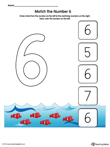 Match the Number Printable Worksheet: 6 (Color)