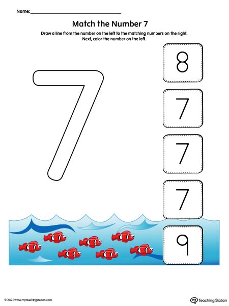 Match the Number Printable Worksheet: 7 (Color)