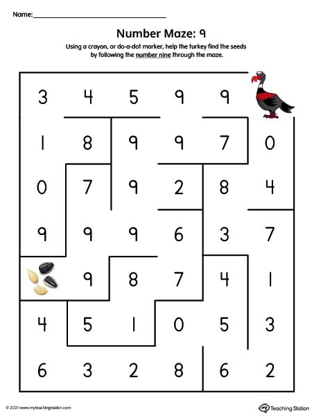 Number Maze Printable Worksheet: 9 (Color)