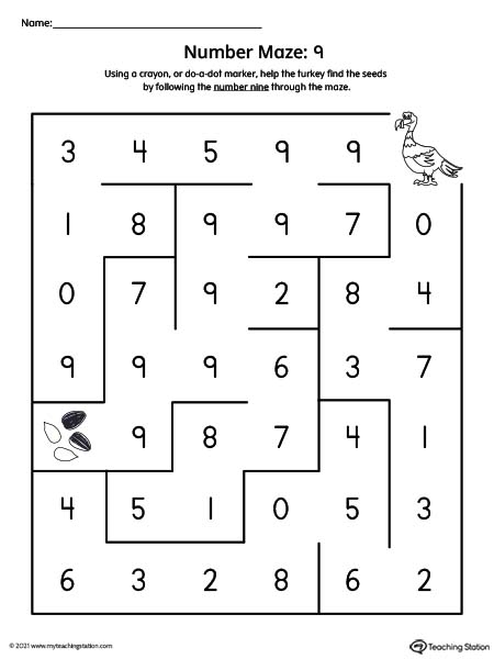 Number Maze Printable Worksheet: 9