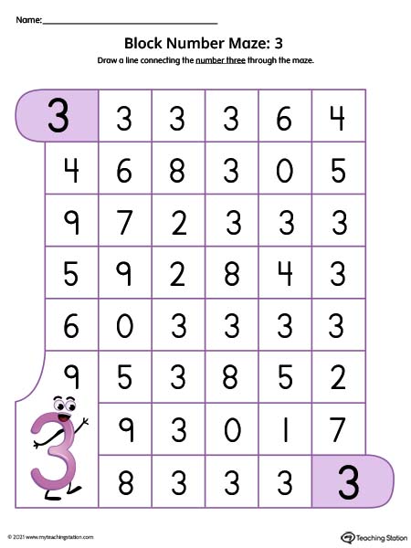 Number Maze Worksheet: 3 (Color)