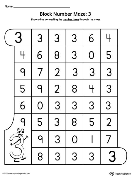 Practice number identification with this number maze printable worksheet. Featuring number 3.