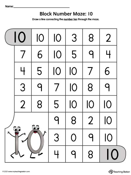 Help preschoolers practice number recognition with this number maze worksheet. Featuring number ten. Available in color.