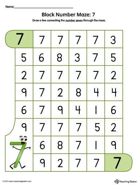 Number Maze Worksheet: 7 (Color)