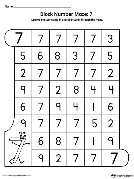 Help preschoolers practice number recognition with this number maze printable activity. Featuring number seven.