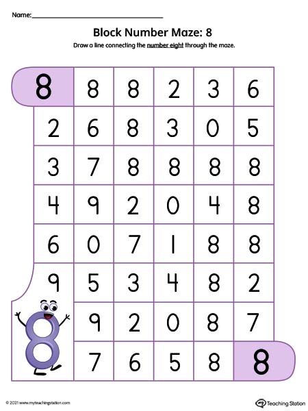 Number Maze Worksheet: 8 (Color)