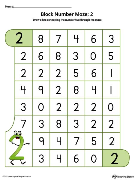 Preschool number maze printable worksheet. Help kids identify the featured number by following that number through the maze. Available in color.