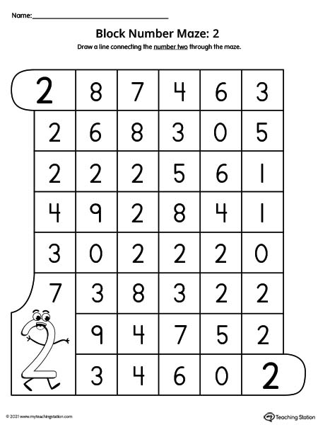 Preschool number maze printable worksheet. Help kids identify the featured number by following that number through the maze.