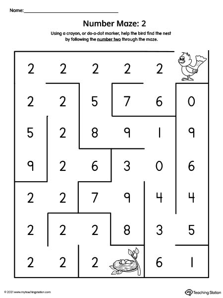 Pre-K number maze worksheet for kids. Number mazes are a great activity for kids to practice number recognition and critical thinking. This printable features the number two.