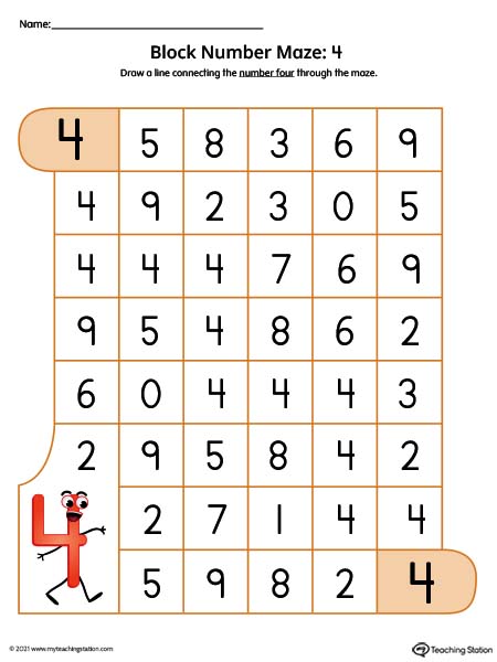 Number Maze Worksheet: 4 (Color)