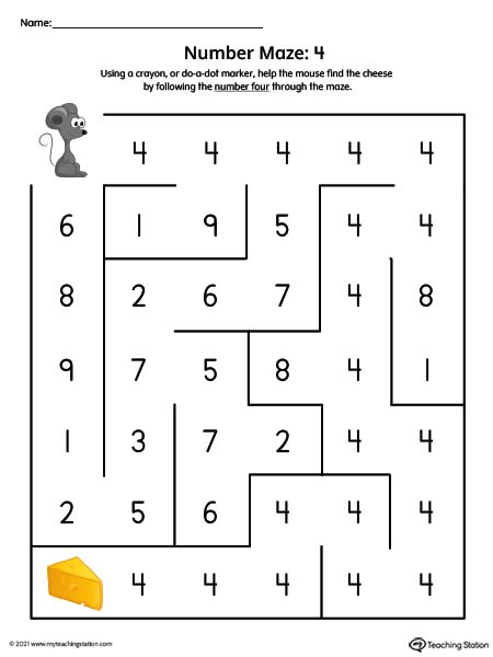 Number Maze Printable Worksheet: 4 (Color)