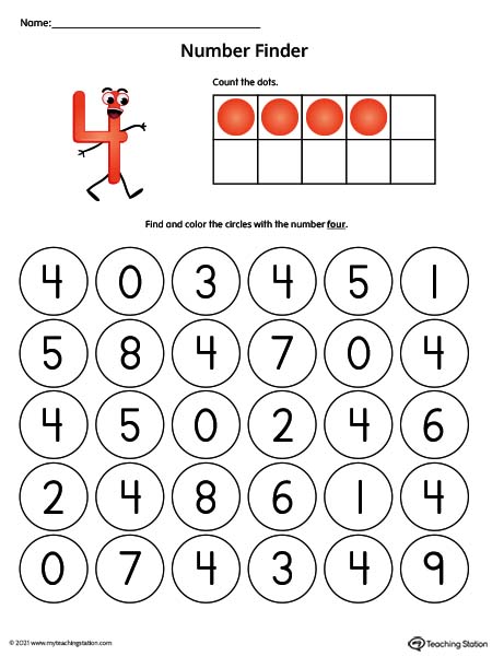 Number Recognition Worksheet: Find the Number 4 (Color)