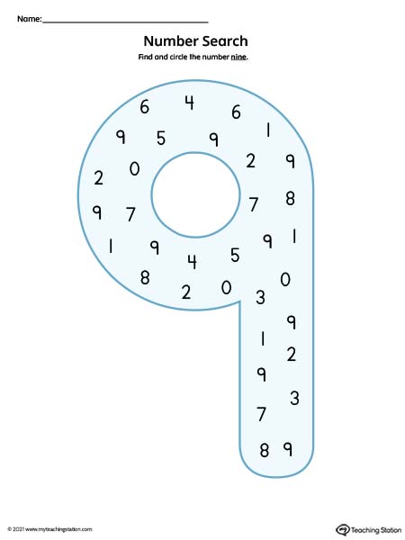 Search the number nine in this printable worksheet to help practice number recognition. Available in color.