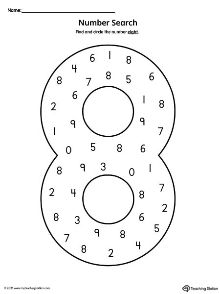 Search the number eight in this printable worksheet to help practice number recognition.