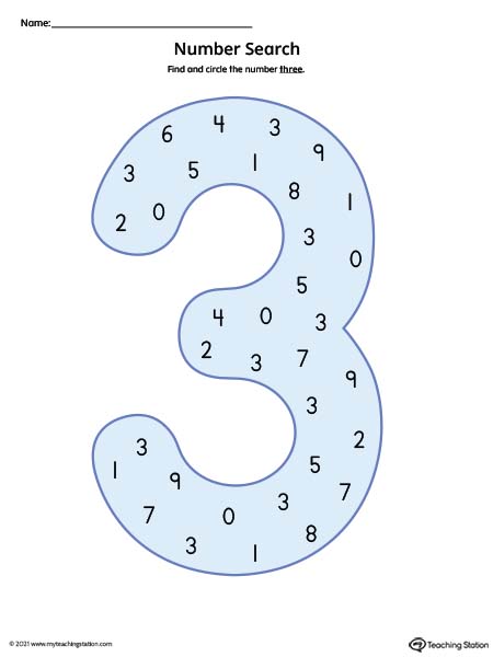 Number Search Worksheet: 3 (Color)