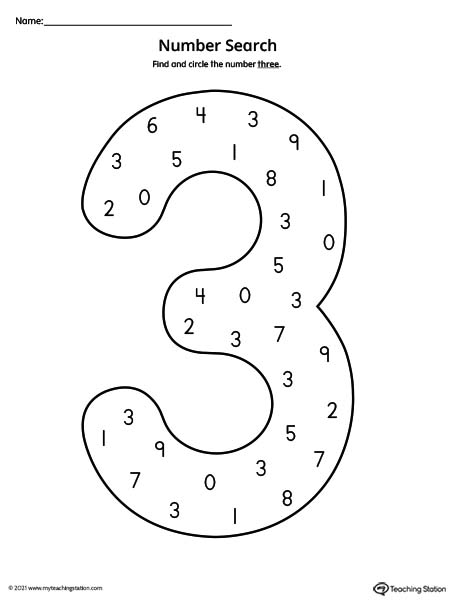Search and find the number three in this fun printable activity for kids. Number 3 recognition worksheet.
