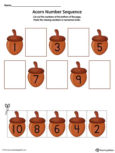 Number sequence 1-10 cut and paste printable worksheet. Featuring acorn pictures. Available in color.
