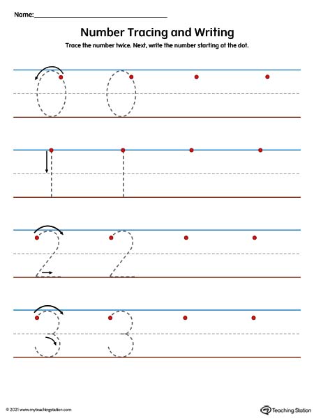 Number tracing and writing printable worksheets. Preschool and kindergarten teaching resources. Available in color.