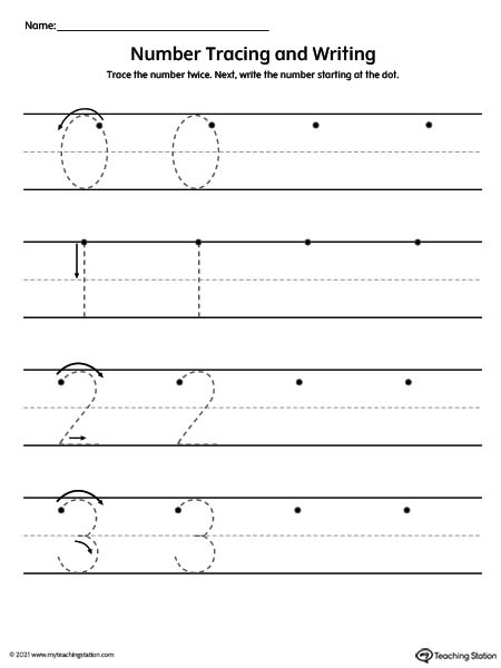 Number tracing and writing printable worksheets. Preschool and kindergarten teaching resources.