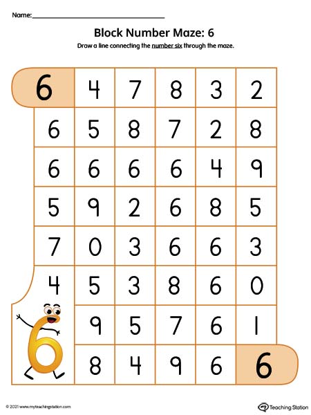 Number Maze Worksheet: 6 (Color)