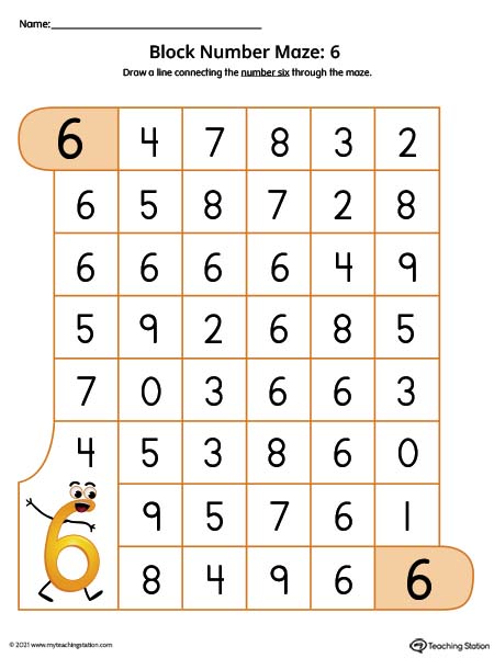 Pre-K number recognition practice worksheet. Featuring number six. Available in color.