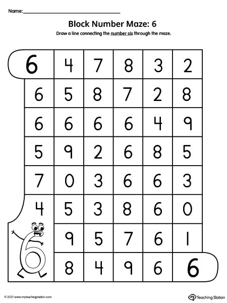 Pre-K number recognition practice worksheet. Featuring number six.