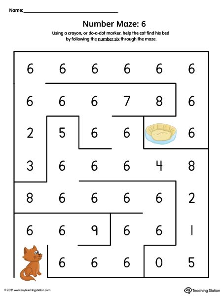 Number Maze Printable Worksheet: 6 (Color)