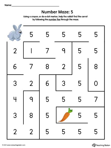 Number Maze Printable Worksheet: 5 (Color)