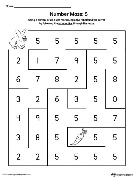 Number Maze Printable Worksheet: 5