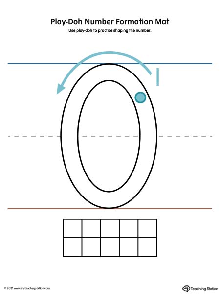 Play-Doh number formation printable mat. Featuring number zero. Preschool and kindergarten teaching resources. Available in color.