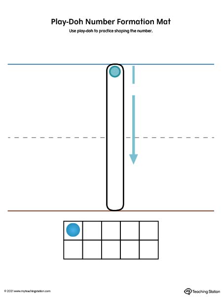 Play-Doh number formation printable mat. Featuring number one. Preschool and kindergarten teaching resources. Available in color.