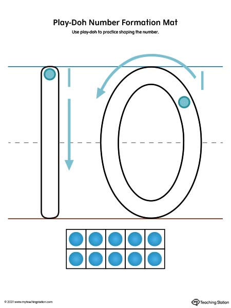 Play-Doh number formation printable mat. Featuring number ten. Preschool and kindergarten teaching resources. Available in color.