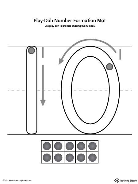 Play-Doh number formation printable mat. Featuring number ten. Preschool and kindergarten teaching resources.