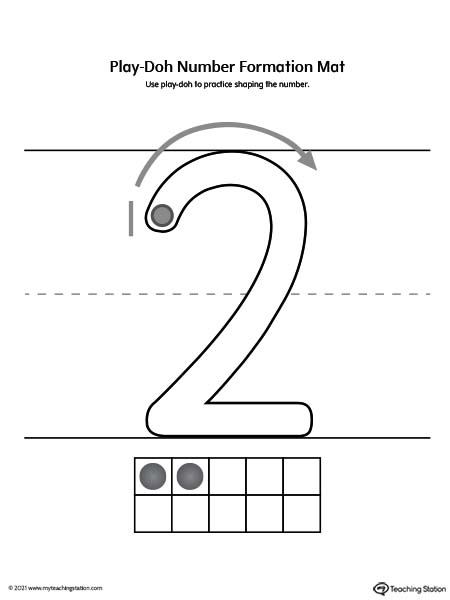 Play-Doh number formation printable mat. Featuring number two. Preschool and kindergarten teaching resources.