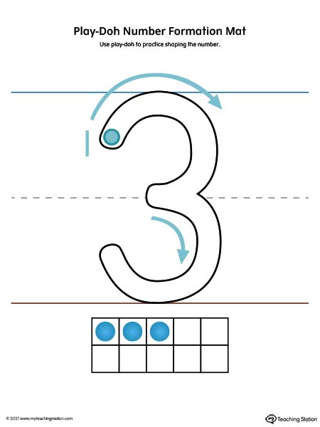 Play-Doh number formation printable mat. Featuring number three. Preschool and kindergarten teaching resources. Available in color.