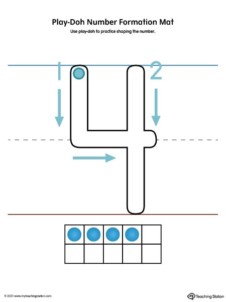 Play-Doh number formation printable mat. Featuring number four. Preschool and kindergarten teaching resources. Available in color.