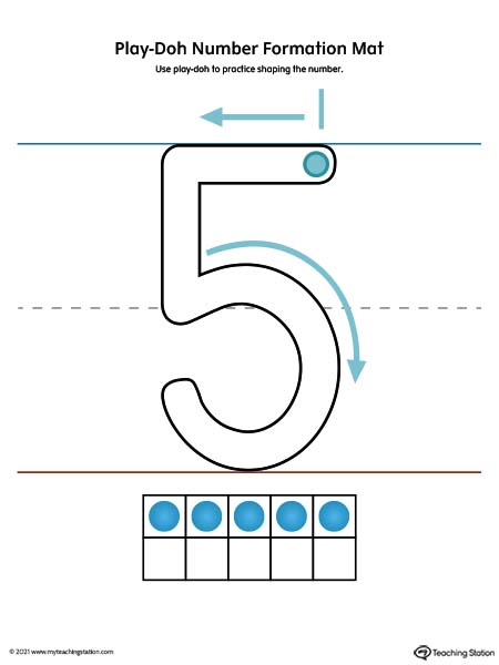 Play-Doh number formation printable mat. Featuring number five. Preschool and kindergarten teaching resources. Available in color.