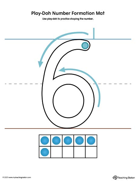 Play-Doh number formation printable mat. Featuring number six. Preschool and kindergarten teaching resources. Available in color.