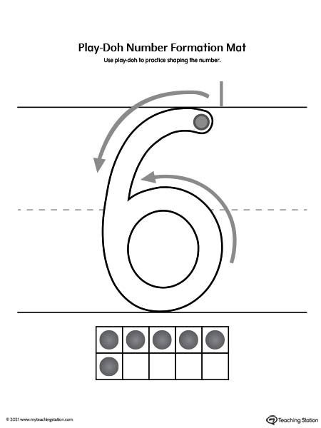 Play-Doh number formation printable mat. Featuring number six. Preschool and kindergarten teaching resources.