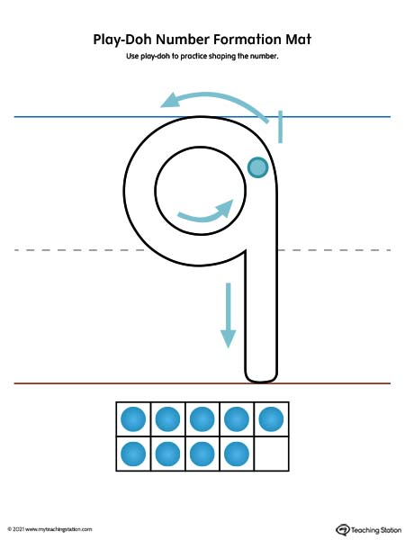 Play-Doh number formation printable mat. Featuring number nine. Preschool and kindergarten teaching resources. Available in color.