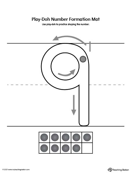 Play-Doh number formation printable mat. Featuring number nine. Preschool and kindergarten teaching resources.