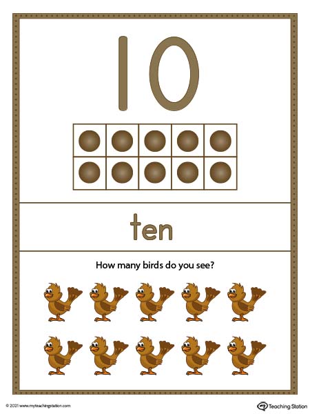 Large number ten poster with ten-frame. Each poster has a different representation for the number, number word, and ten frame illustration. Available in color.