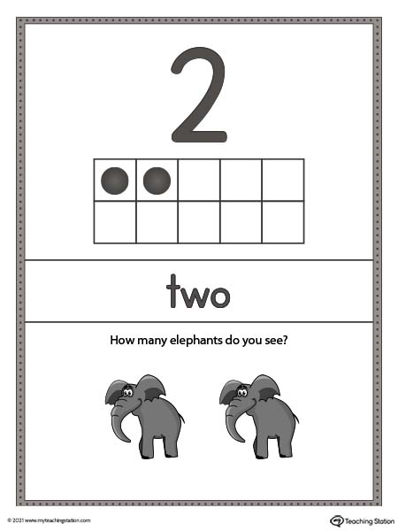 Large number two poster with ten-frame. Each poster has a different representation for the number, number word, and ten frame illustration. Available in color.