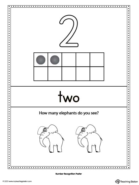 Large number two poster with ten-frame. Each poster has a different representation for the number, number word, and ten frame illustration.