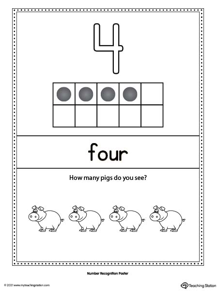 Large number four poster with ten-frame. Each poster has a different representation for the number, number word, and ten frame illustration.